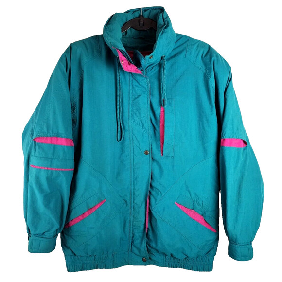 VTG 80s Retro London Towne Teal Pink Windbreaker Ski Jacket Lining Women's Sz S - Picture 1 of 6